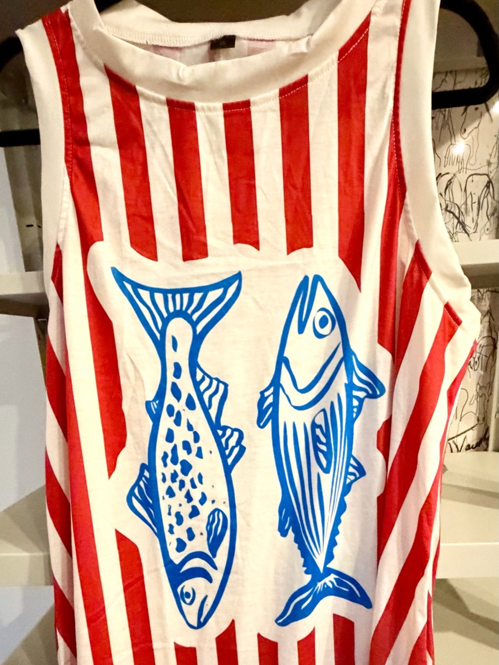 Striped Red & White Fish Print Dress - Loose and Light L/XL